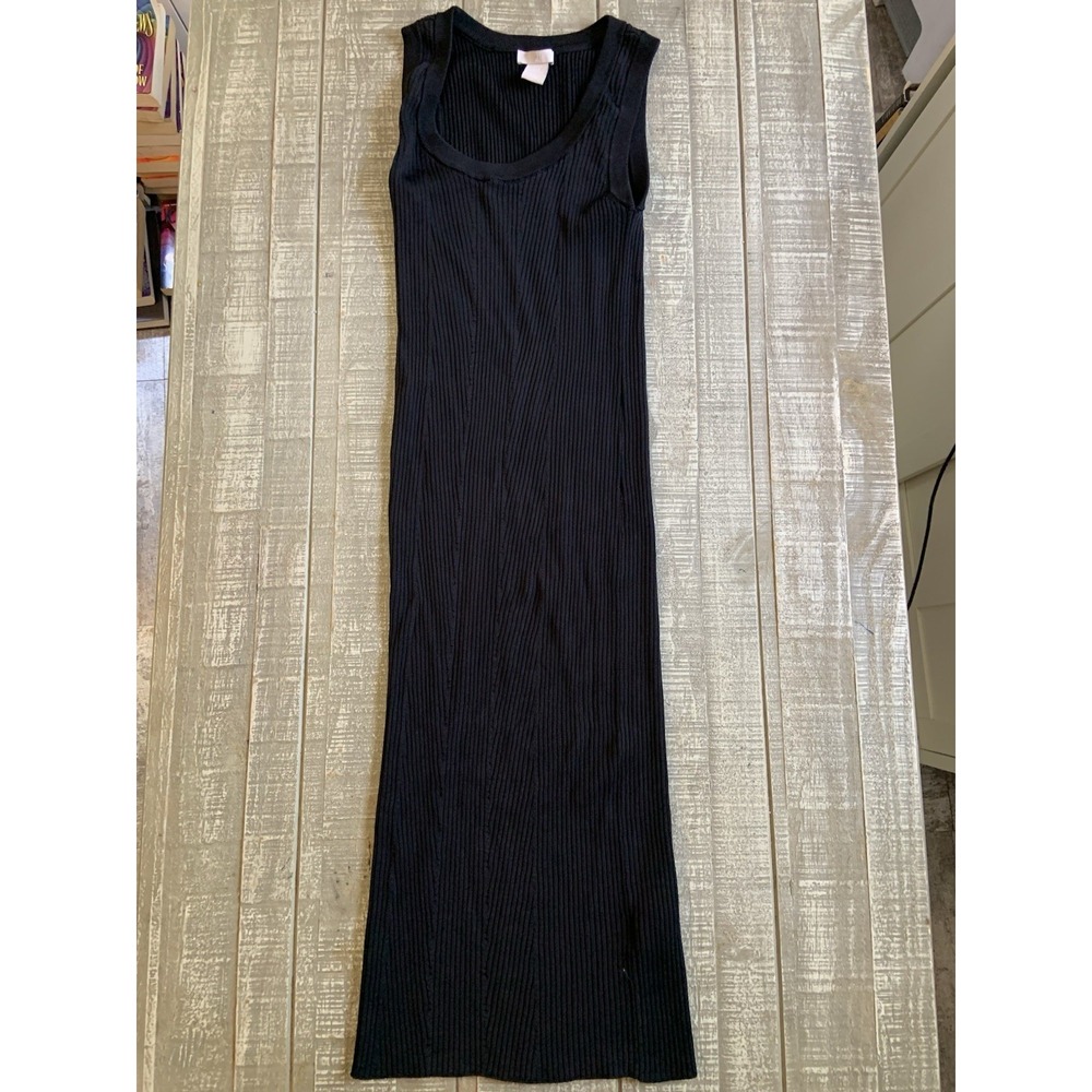 H&M Women's Size Medium Black Ribbed Knit Tank Long Dress Scoop Neck Trim